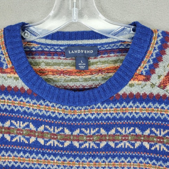 Lands End Fair Isle Knit Sweater Mens L Merino Wool Multicolor Striped Crew Neck - Picture 2 of 6